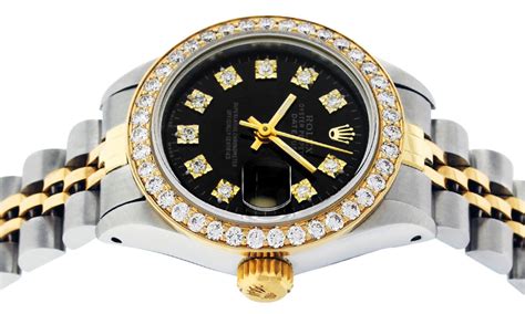 womans rolex diamond bezel black face vintage